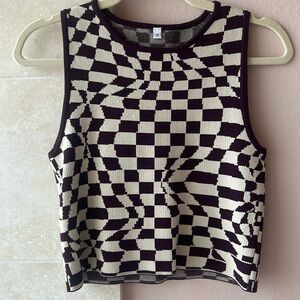Sleeveless Crop Sweater - funky brown and crème check pattern